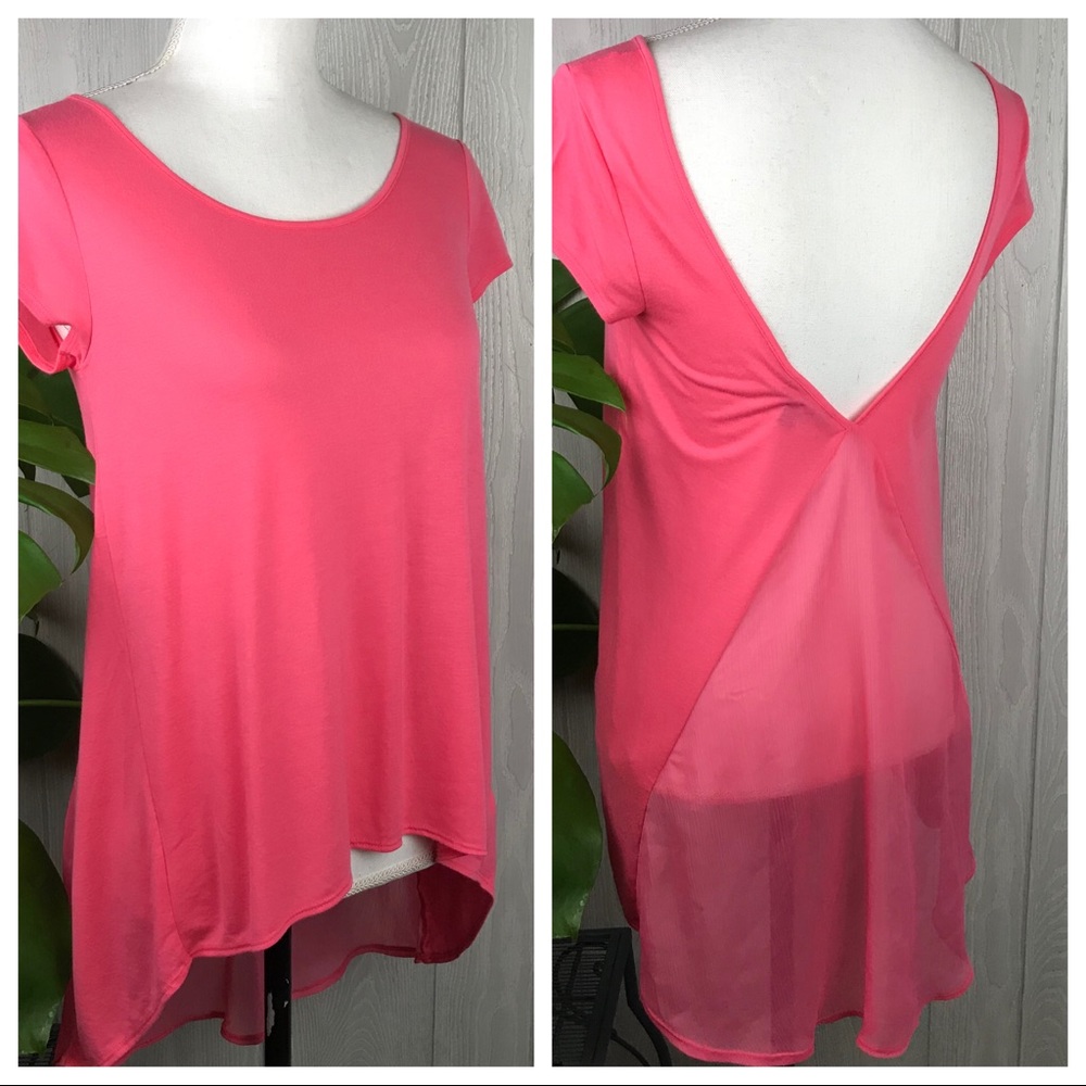 American Eagle top short sleeve pink high low hem open back